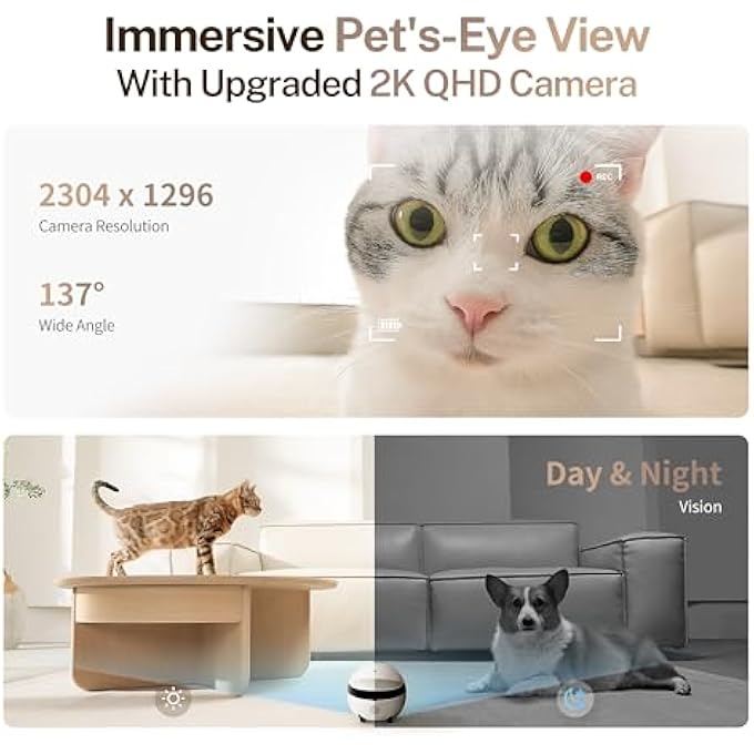 rayihni كاميرا روبوت رولا ميني 2K للحيوانات، كاميرا روبوت متنقلة للحيوانات الأليفة مع تطبيق، مكالمة باللمس، صوت ثنائي الاتجاه، رؤية ليلية بالأشعة تحت الحمراء، كاشف حركة وفيديو - Image 5